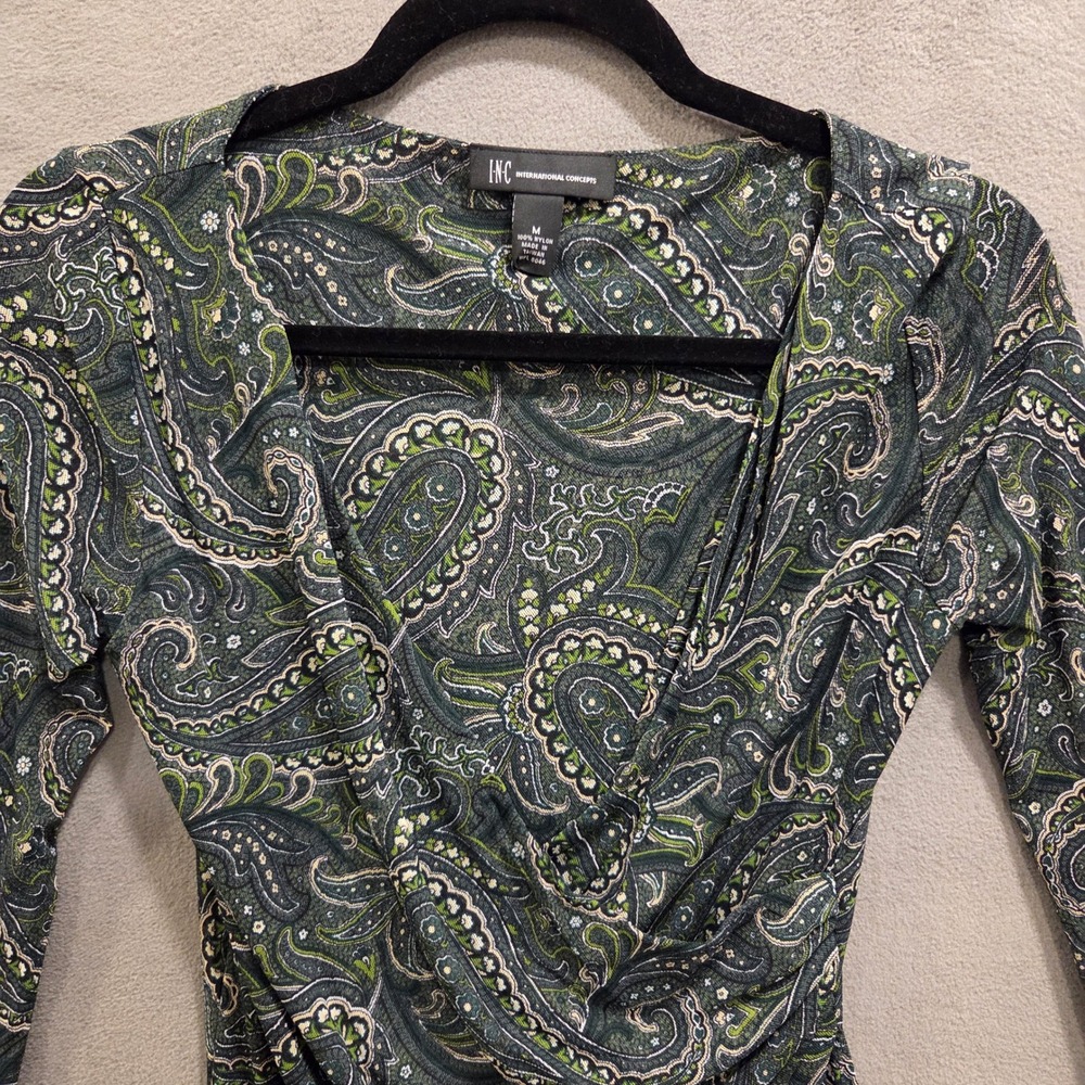 INC International Concepts Faux Wrap Mesh Top Women M Paisley Ruched Whimsigoth - Picture 2 of 11
